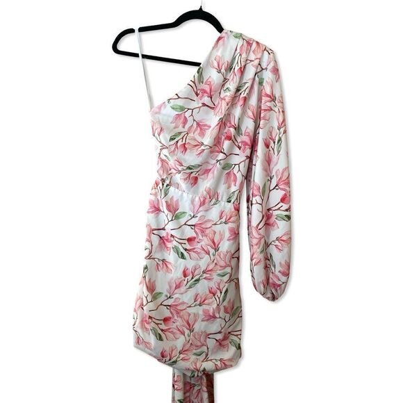 Bronx and Banco Layla mini dress pink floral print sash drape white Revolve L - Picture 5 of 13